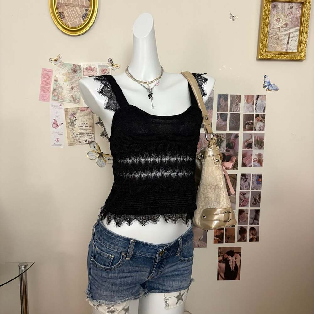 Zara Black Open Knit Tank Top With Lace Trim And Straps Size L